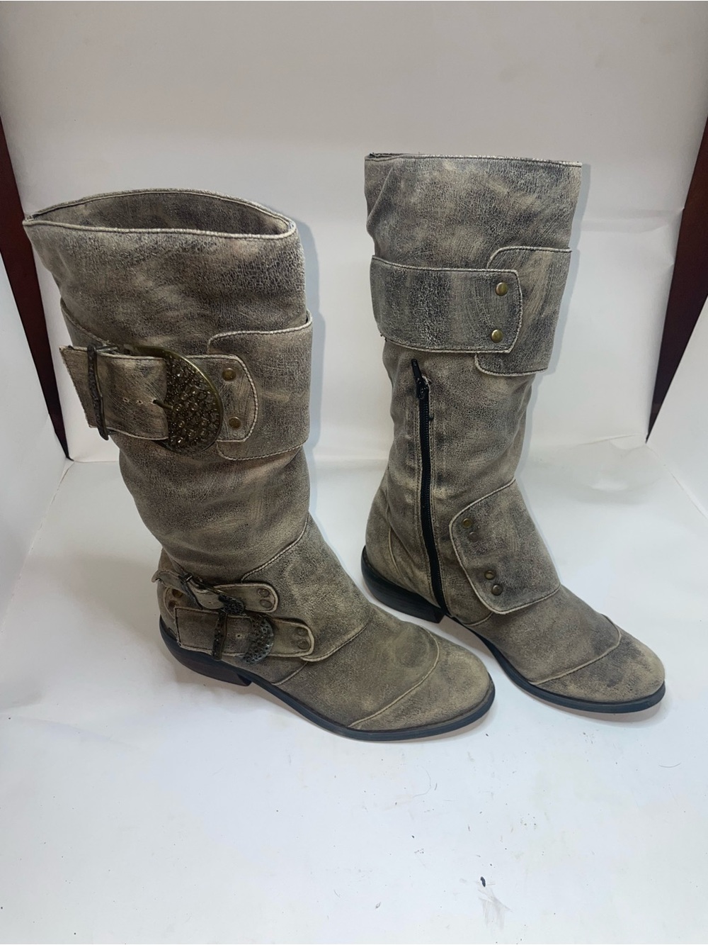 Two Lips Distressed Grey Suede feel 14” tall Buckle Boots - Picture 3 of 8